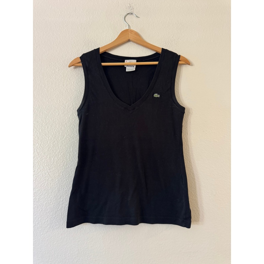 Lacoste V-Neck Tank Top Embroidered Logo Sleeveless Cotton Size 44 Black EXCL